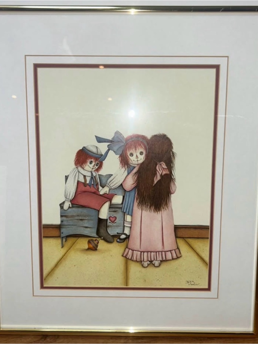 Vintage Raggedy Ann Style Doll Art Print BJS Ren-Wil Framed 15x19 Folk Art